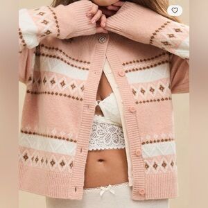 Aerie Fair Isle Button Front Cardigan Pink L Barbiecore‎ Coquette Fairycore